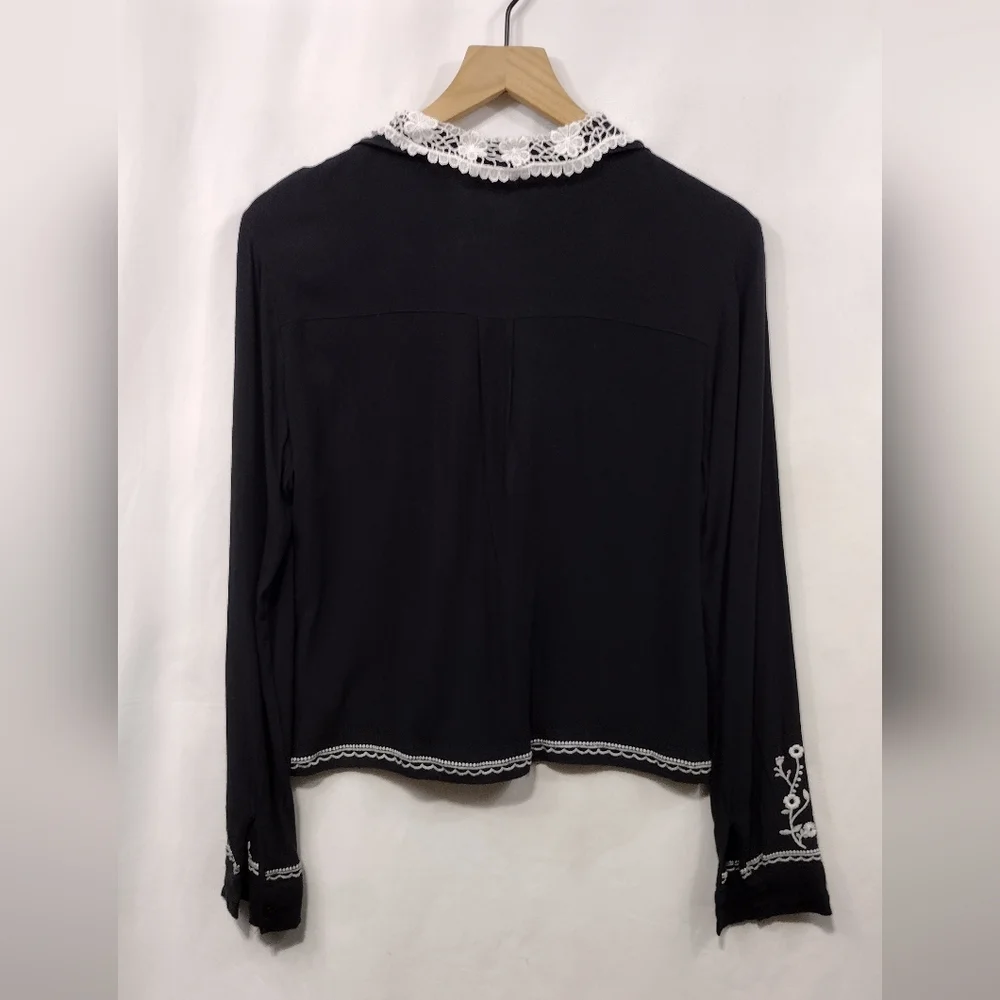 H&M Babydoll Blouse Women's 12 Black White Preppy Academia Boho Retro 90s Y2K - Picture 5 of 8